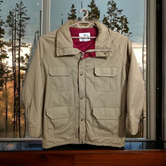 Vintage Woolrich Field Coat XL Mens Tan Beige Red Lining Utility Cargo Pockets - Picture 10 of 16